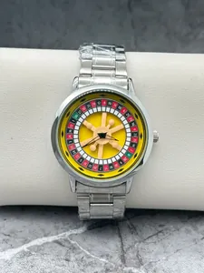 Detailed view of a men's watch featuring a creative roulette spinning dial design