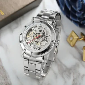 FORSINING men's silver skeleton mechanical watch with stainless steel band and Roman numerals
