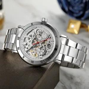 FORSINING men's silver skeleton mechanical watch with stainless steel strap and Roman numerals