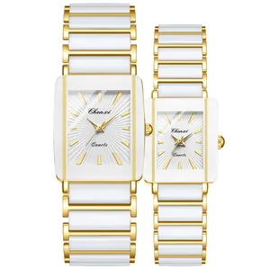CHENXI luxury square couple watches with white ceramic and gold metal bracelet