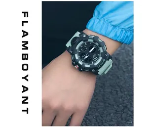 Macro detail shot of a rugged SMAEL 8008 digital sports watch on a person's wrist