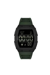 Detailansicht einer minimalistischen digitalen Sportuhr mit dunkelgrünem Silikonarmband