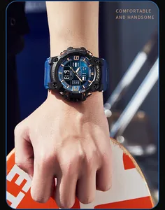 Detailed view of SMAEL waterproof sports watch worn on wrist in an outdoor setting