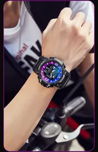 SMAEL men's waterproof sports watch with purple blue dual display dial on wrist