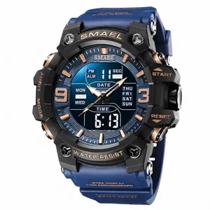 SMAEL men's rugged sports watch with waterproof digital dual display and blue resin strap