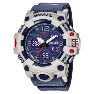 SMAEL 8008 rugged sports digital watch with waterproof dual display in white and blue