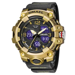 Reloj deportivo SMAEL 8008 para hombre con doble pantalla acabado dorado y correa negra
