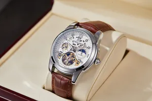 Detail view of AOKULASIC automatic mechanical watch with skeleton dial and brown leather strap