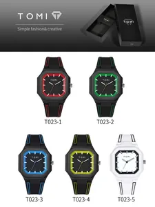 Présentation de montres carrées TOMI avec bracelets en silicone et emballage de marque