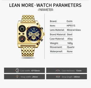 Tableau de spécifications détaillé pour montre à quartz dorée Oulm HP9315