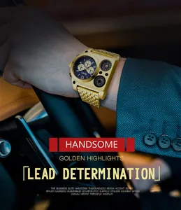 Détail de la montre à quartz dorée Oulm pour homme avec fuseaux horaires et bracelet