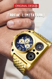 Vue détaillée de la montre à quartz Oulm pour hommes avec bracelet en acier doré