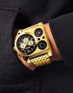 Détail de la montre dorée Oulm multi-fuseaux horaires avec boussole et thermomètre intégrés