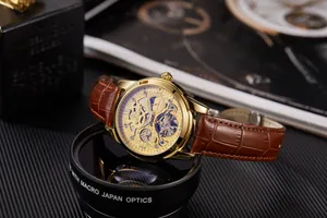 Macro detail view of AOKULASIC gold skeleton automatic mechanical watch dial and gears