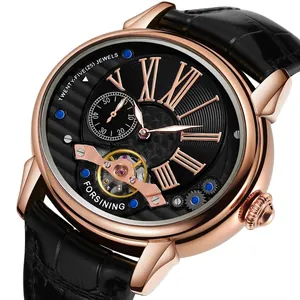 Forsining Herren-Automatikuhr mit roségoldenem Gehäuse und schwarzem Lederarmband