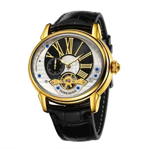 Forsining Luxus Skelett Automatik Herrenuhr Gold mit schwarzem Lederarmband