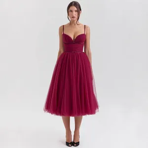 Sexy Backless Sling Tulle Midi Dress For Women Elegant Pleated Mesh Banquet Party Dress Christmas Formal Evening Dress