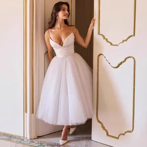 Elegant white spaghetti strap tulle midi dress for evening party and banquet