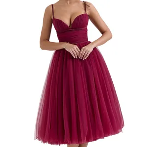 Elegant burgundy tulle midi dress with spaghetti straps and pleated bodice for party