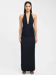 Damen Sexy Neckholder Tiefer V-Ausschnitt Rückenfrei Gerafft Maxi Kleid Einfarbig Slim Fit Gespleißt Langes Kleid Für Sommer Party