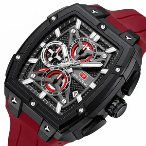 Reloj deportivo esqueleto para hombre con caja tonneau negra y correa de silicona roja