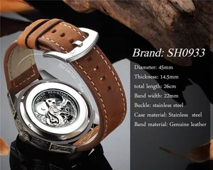 Détails de l'arrière de la montre automatique Shenhua avec son bracelet en cuir marron
