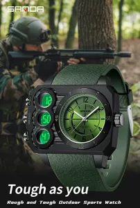Detailed view of SAMDA rugged military sports watch with green strap and dual display.
