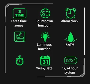 Digital watch multi-function icons including waterproof, alarm and luminous features