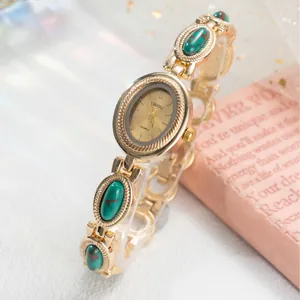 Montre Bracelet Vintage En Or Pour Femme Avec Cadran Ovale À Quartz Et Bracelet En Alliage Avec Pierres Colorées Style Rétro Français Élégant