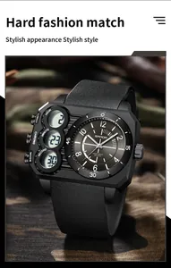 Close-up of SAMDA black dual display sports watch with 5ATM waterproof feature.