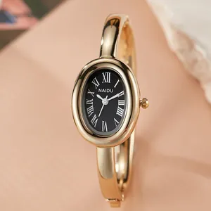 Vintage Ovale Kwartshorloge Vrouwen Luxe Legering Armband Polshorloge Kunstleer Band Romeinse Cijfers Dameshorloge