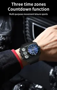 Detailed view of a dual display sports watch with blue dial and black rubber strap