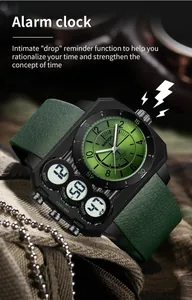 Macro detail view of SAMDA dual display sports watch featuring a green leather strap