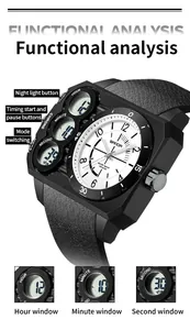 Detail of SANDA dual-display sports watch showing functional buttons and digital windows.