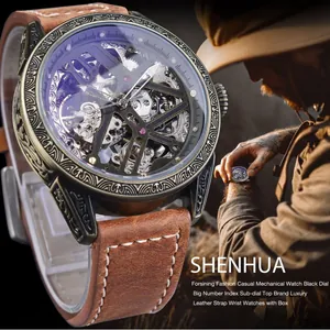 Montre mécanique automatique squelette en bronze vintage Shenhua pour homme avec bracelet cuir