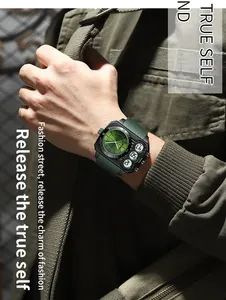 Close-up of SANDA dual display sports watch with green strap and dial