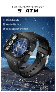 Detail view of SANDA sports watch featuring 5 ATM waterproof dual display and black strap