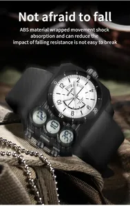 Detailed view of Sanda shock-resistant dual display sports watch with ABS case