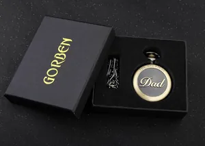 Detail view of the GORBEN pocket watch gift set for Dad in a black presentation box