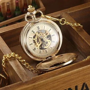 Montre à gousset mécanique dorée rétro avec cadran squelette et chaîne en métal élégante
