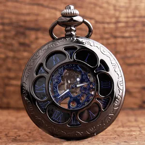 Vintage Steampunk Engrenage Squelette Montre à Gousset Mécanique Hommes Femmes Noir Fusil Évidé Chiffre Romain Pendentif