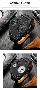 Detailansicht der Oulm Herrenuhr mit zwei Zeitzonen, integriertem Kompass und Lederarmband
