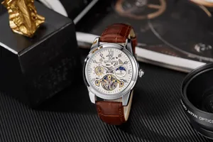 Detailed view of AOKULASIC skeleton automatic mechanical watch for men with leather strap