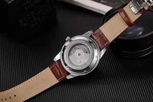 Detailed view of AOKULASIC automatic mechanical watch case back and leather strap