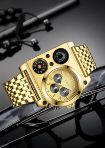 Gros plan sur la montre Oulm dorée pour homme avec multi-cadrans, boussole et thermomètre