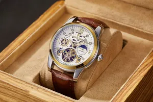 Macro view of AOKULASIC luxury skeleton automatic mechanical watch in wood gift box