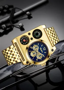 Gros plan sur la montre Oulm en acier doré pour homme avec grand cadran bleu