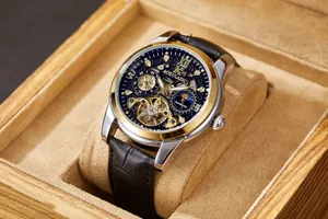 Luxury AOKULASIC men's automatic mechanical watch with skeleton tourbillon in wood box.
