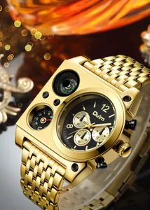 Gros plan détaillé de la montre homme Oulm dorée avec boussole et thermomètre