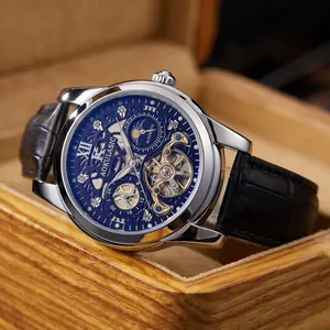 AOKULASIC men's skeleton automatic mechanical watch with blue dial and leather strap